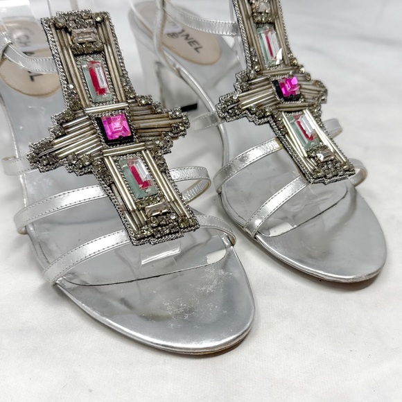 CHANEL Vintage CC Coco Mark Rhinestone Low Mid Leather Sandal Heels Silver 37.5 - Picture 4 of 15